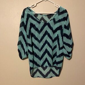 👚 Chevron Patterned Teal and Dark Blue Women's Top